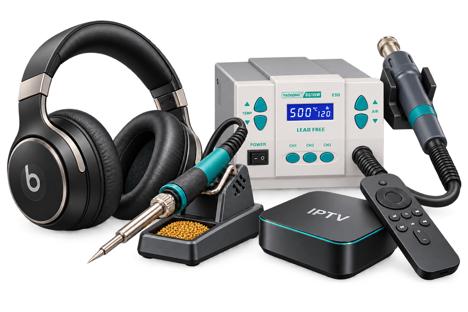 Headphones, soldering iron, hot-air rework station and IPTV equipment