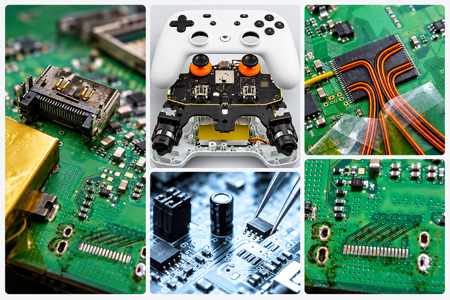 Specialty electronics repair collage showing HDMI, controller, board and chip-level work